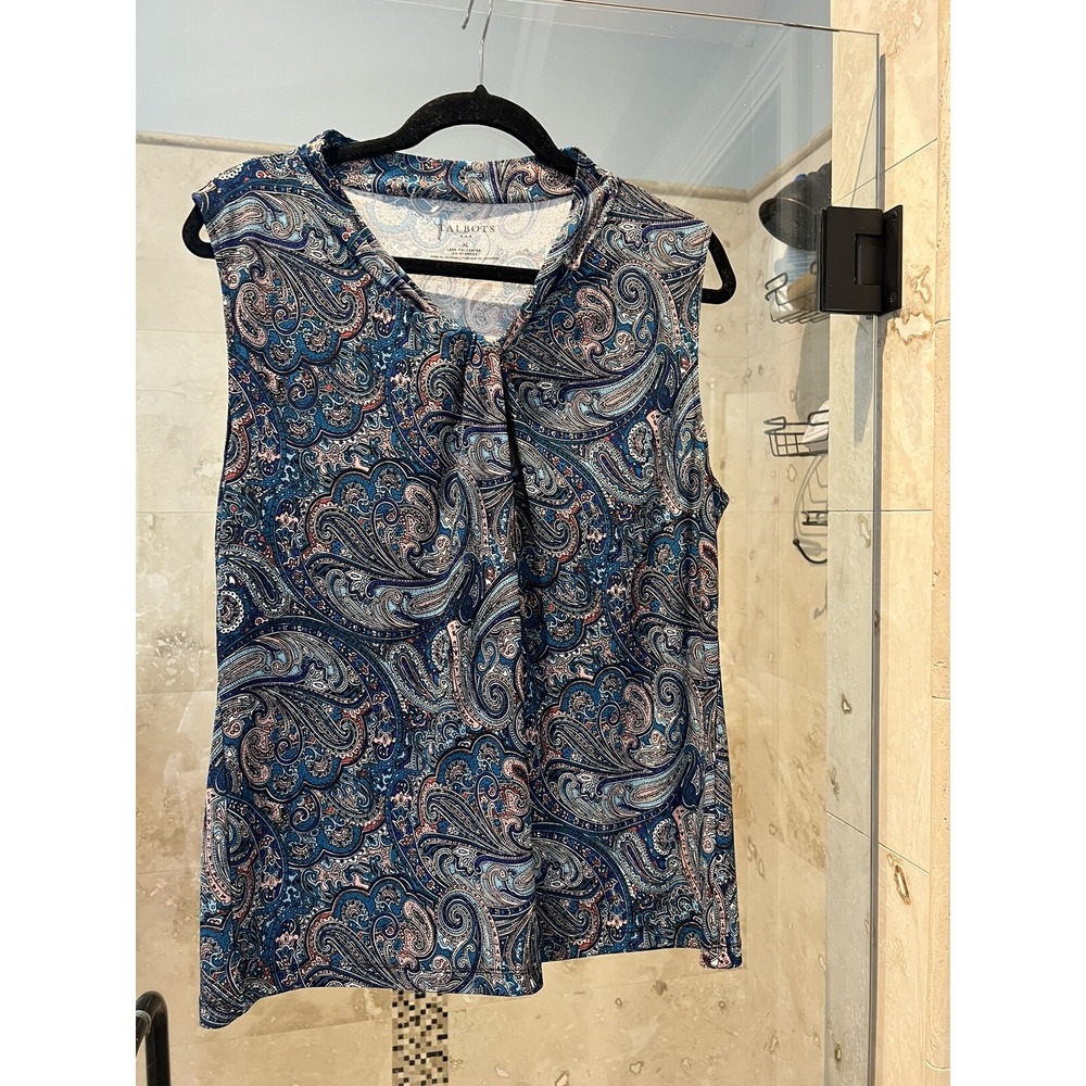 Talbots Blouse Womens XL Teal Blue Pink Paisley Sleeveless Stretch Jersey Knit